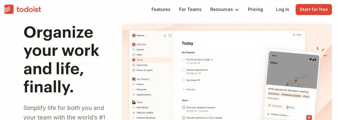 Chụp màn hình trang chủ Todoist, một ví dụ về nhà phát triển ứng dụng và tiện ích có thông tin rõ ràng và chuyên nghiệp