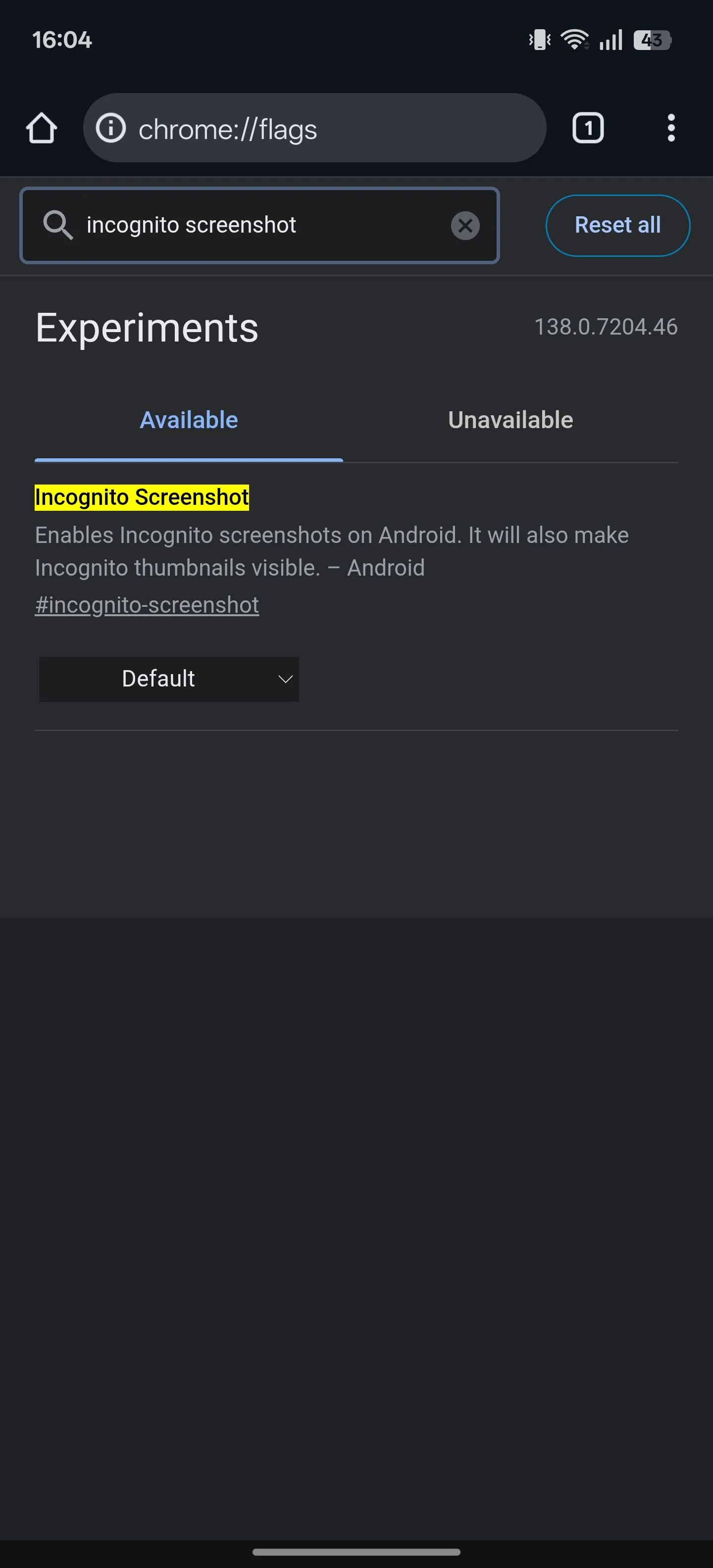 Cờ &quot;Incognito Screenshot&quot; (Chụp màn hình ẩn danh) trên trang chrome://flags của Chrome Android, sẵn sàng để bật.