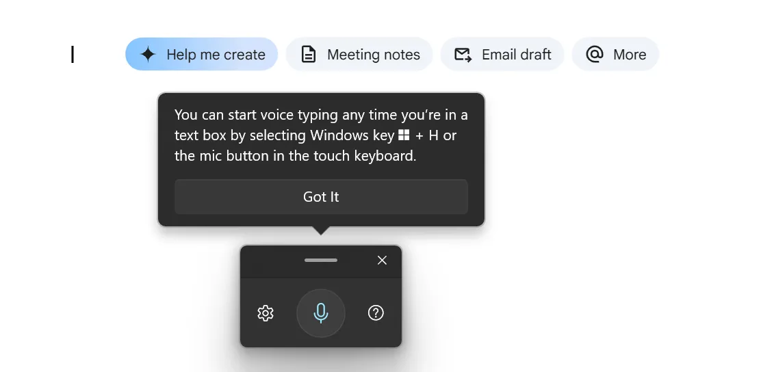 Công cụ gõ bằng giọng nói của Windows đang hoạt động trên một tài liệu Google Docs trống