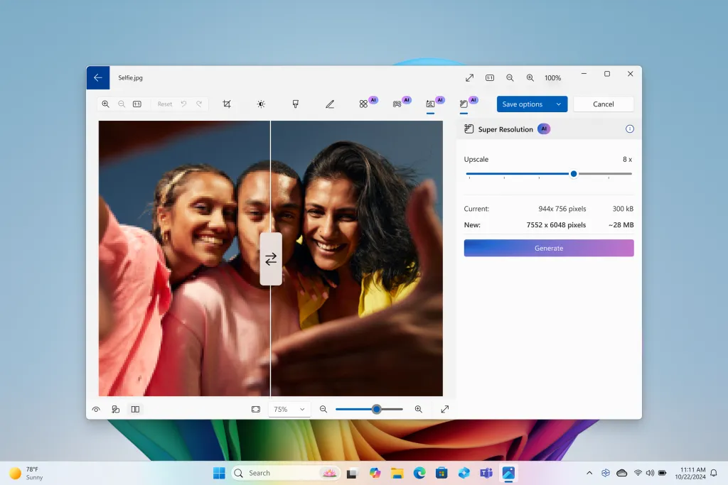 Công cụ Super Resolution của Microsoft Photos hiển thị cải thiện chất lượng của một bức ảnh selfie ba người, cho thấy sự khác biệt trước và sau khi nâng cấp bằng AI