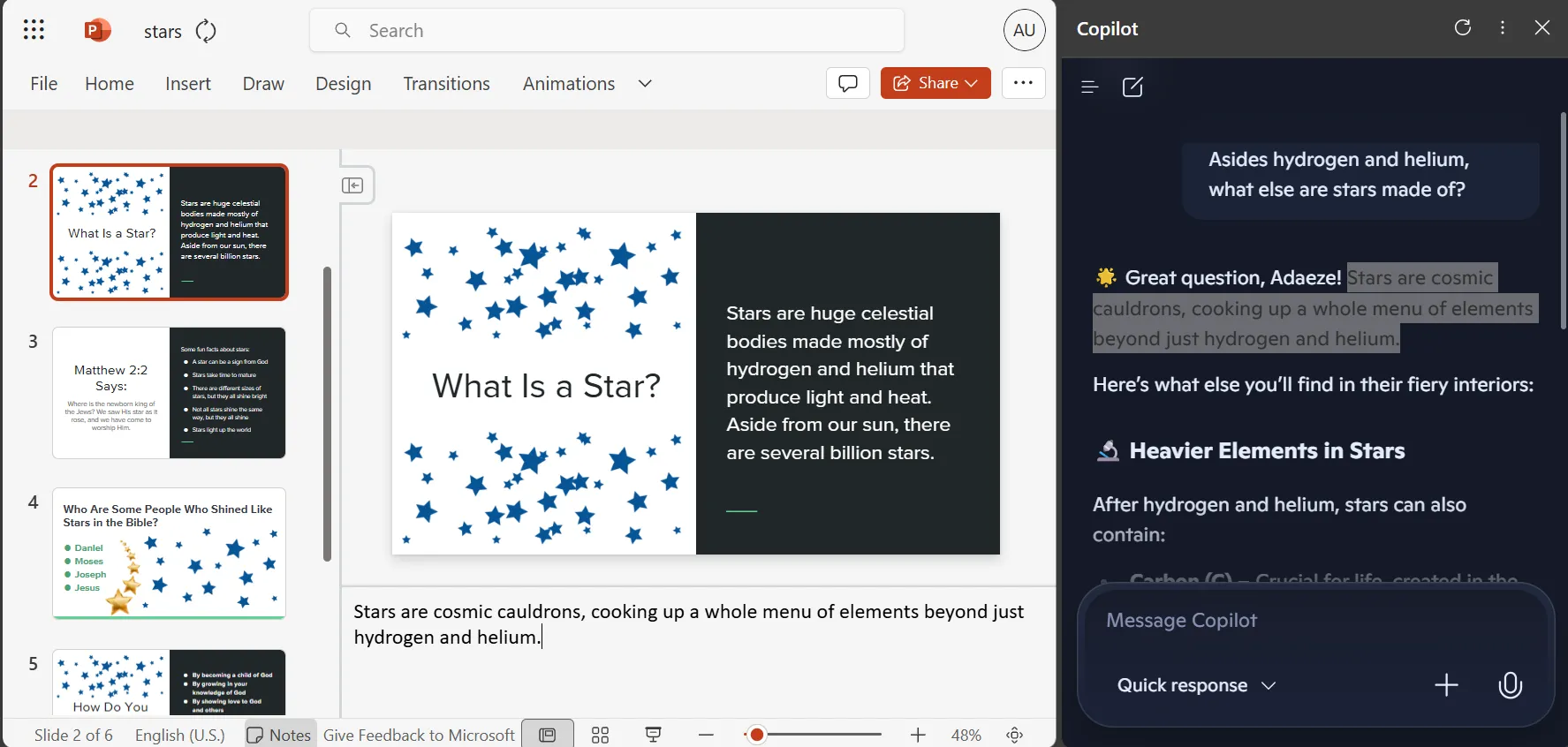 Copilot được gắn bên cạnh một bài thuyết trình PowerPoint đang được chỉnh sửa trong PowerPoint Online