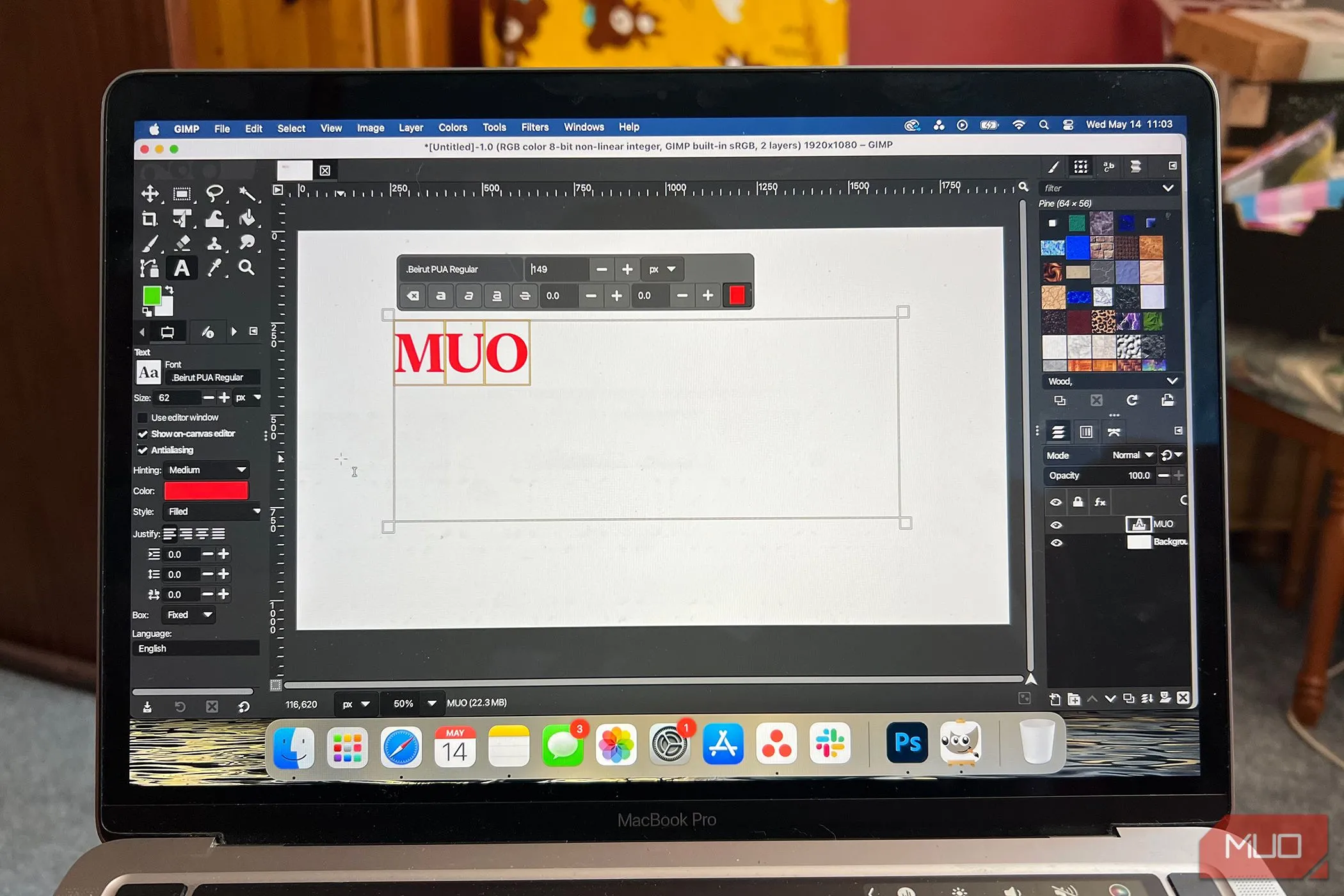 Cửa sổ công cụ văn bản trong GIMP hiển thị các tùy chọn chỉnh sửa và định dạng font chữ nâng cao