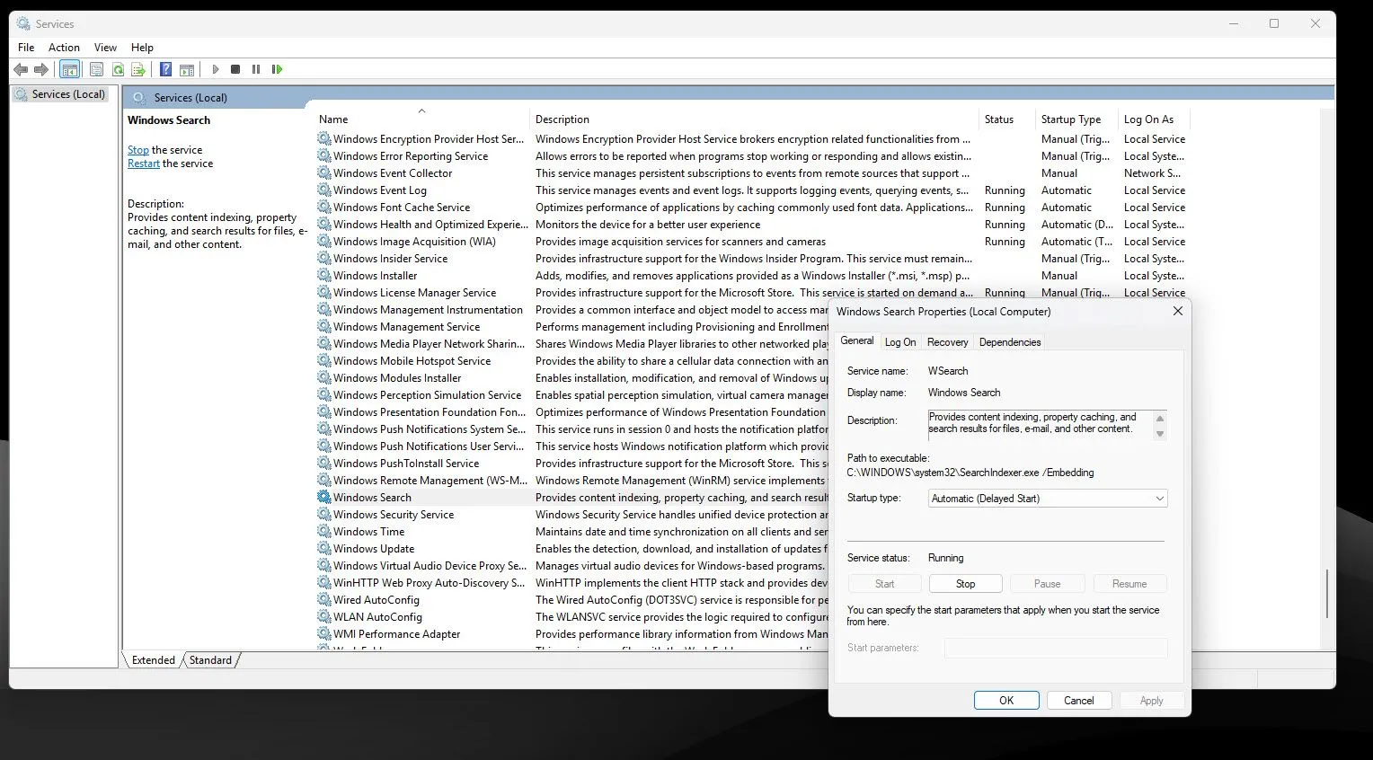 Cửa sổ Quản lý Dịch vụ Windows với thuộc tính Windows Search đang mở để vô hiệu hóa