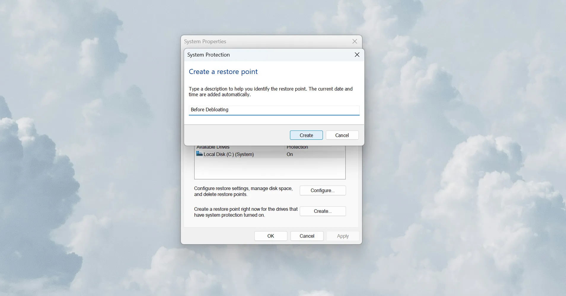 Cửa sổ Tạo điểm khôi phục hệ thống (System Restore Point) trên Windows trước khi gỡ bloatware