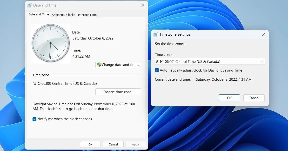 Cửa sổ thiết lập Ngày và Giờ cùng Múi Giờ trên Windows 11 qua Control Panel
