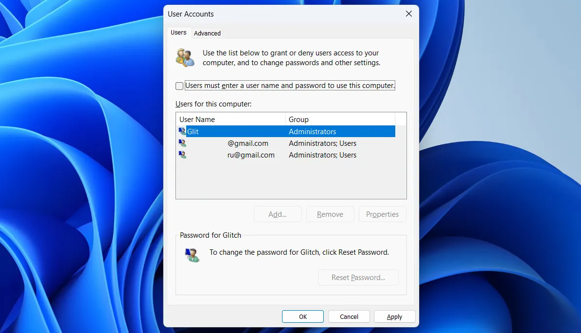 Cửa sổ User Accounts (netplwiz) trên Windows 11, hiển thị danh sách các tài khoản người dùng