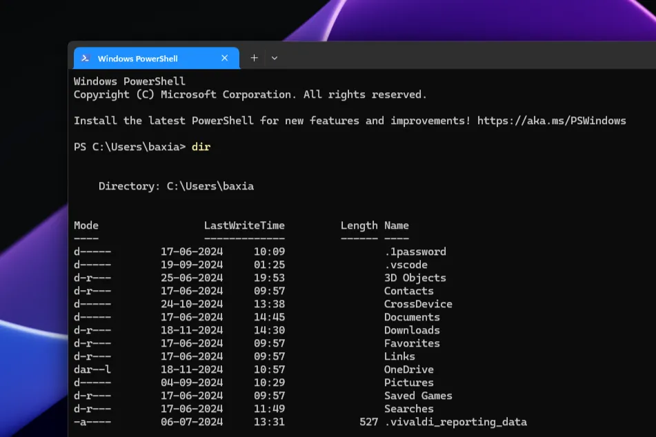 Cửa sổ Windows PowerShell đang mở trên desktop Windows 11, thể hiện môi trường dòng lệnh hiện đại