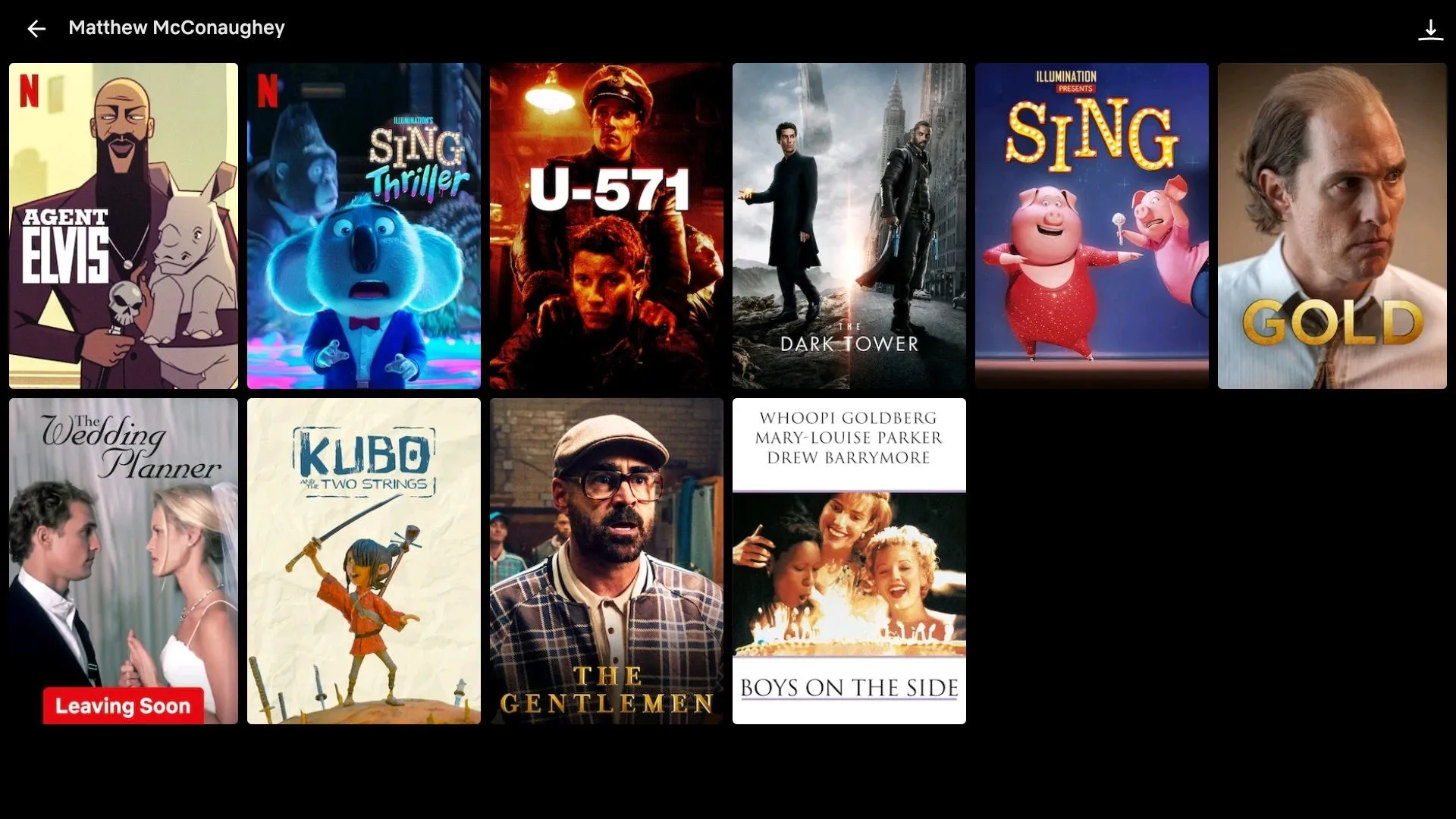 Danh sách các bộ phim và chương trình có sự tham gia của diễn viên Matthew McConaughey trên Netflix, minh họa tính năng tra cứu thông tin diễn viên.