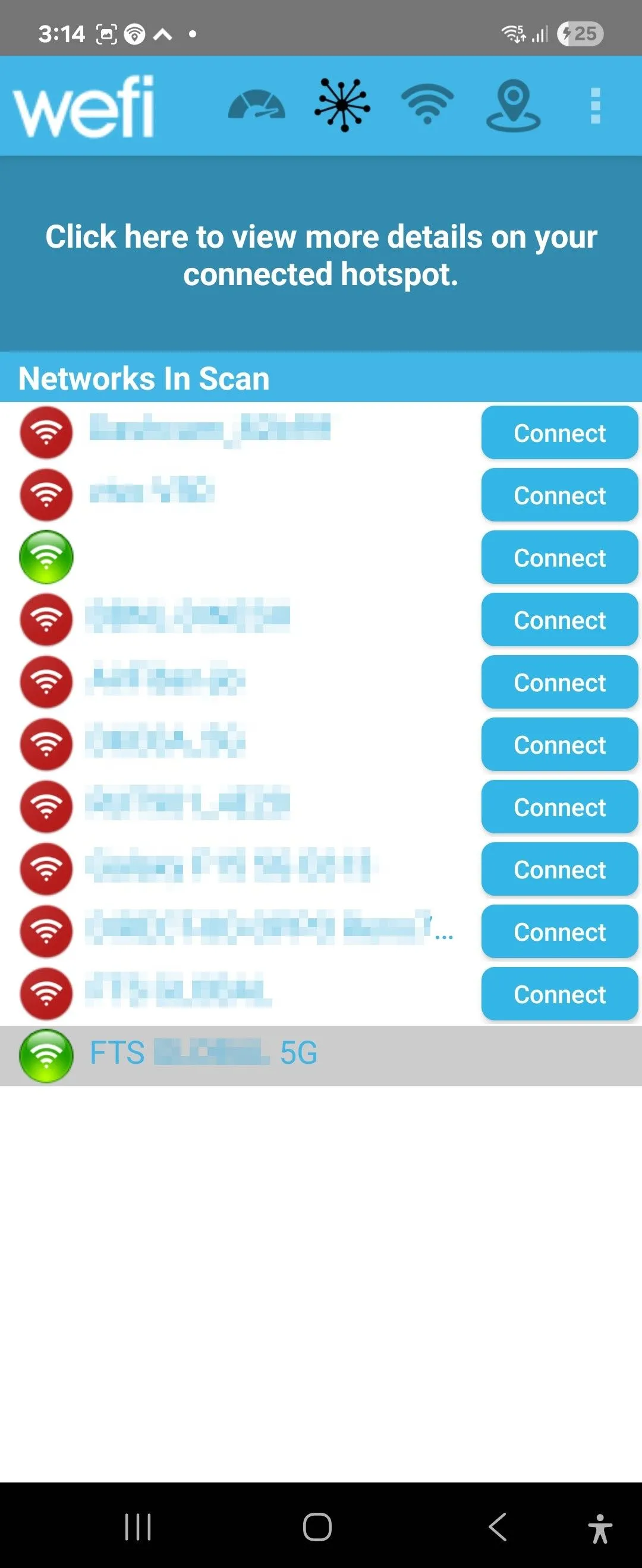 Danh sách các điểm phát Wi-Fi khả dụng hiển thị trên ứng dụng WeFi dành cho Android.
