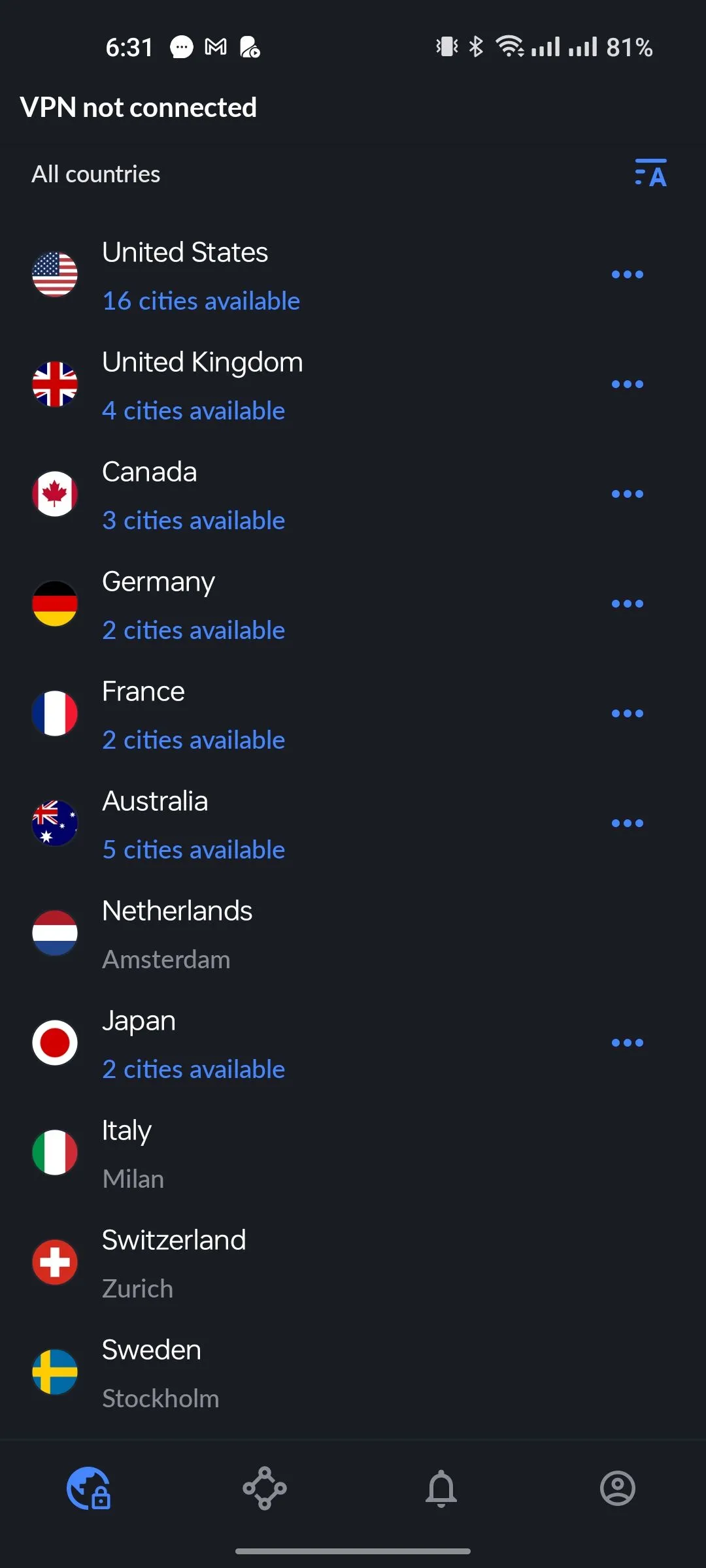 Danh sách các quốc gia để kết nối VPN trong ứng dụng NordVPN