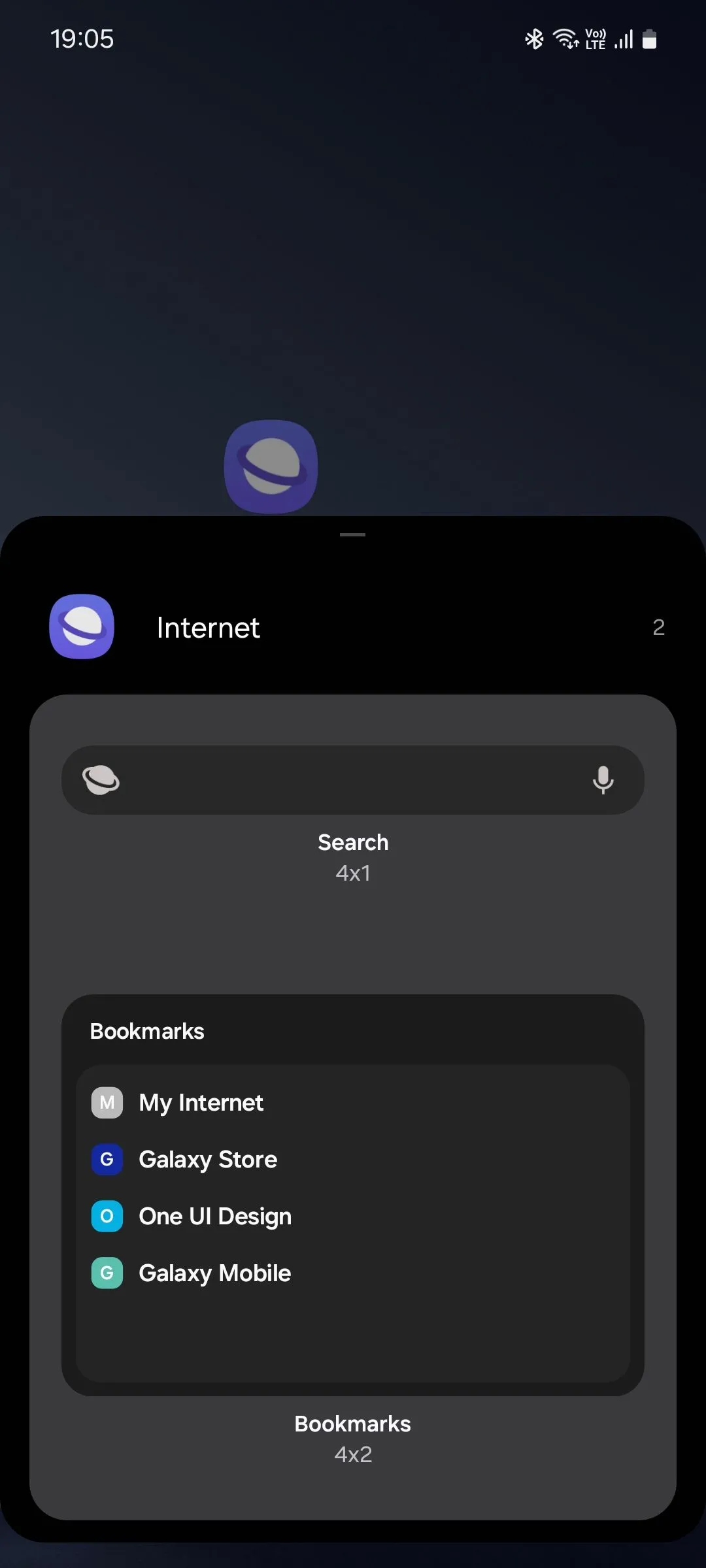 Danh sách các widget của trình duyệt Samsung Internet