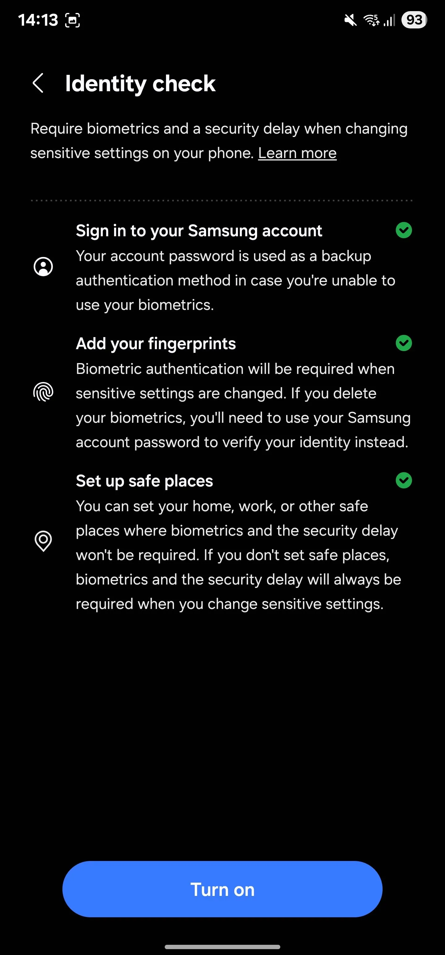 Danh sách kiểm tra để kích hoạt tính năng Xác thực danh tính (Identity check) trên Samsung Galaxy.