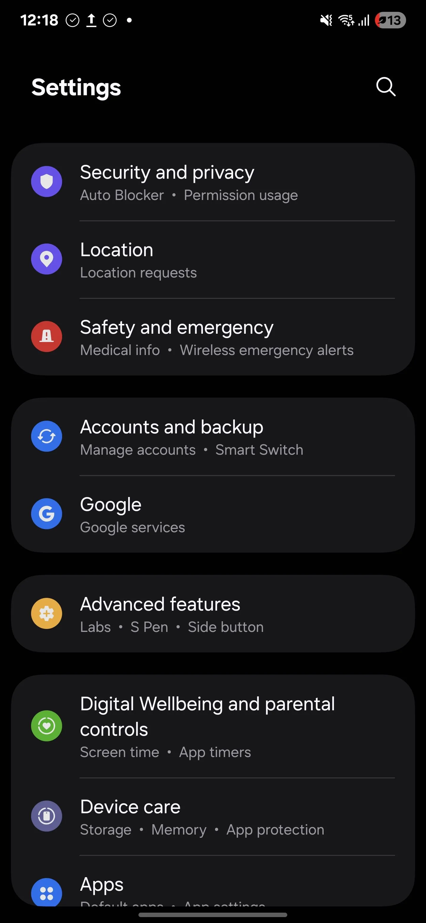 Danh sách menu cài đặt Samsung