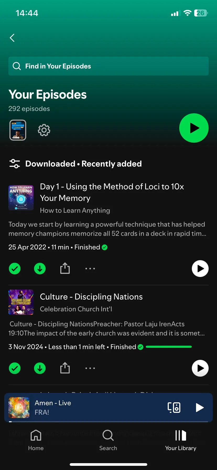 Danh sách podcast đã tải xuống trên Spotify, nơi bạn có thể quản lý các nội dung offline.