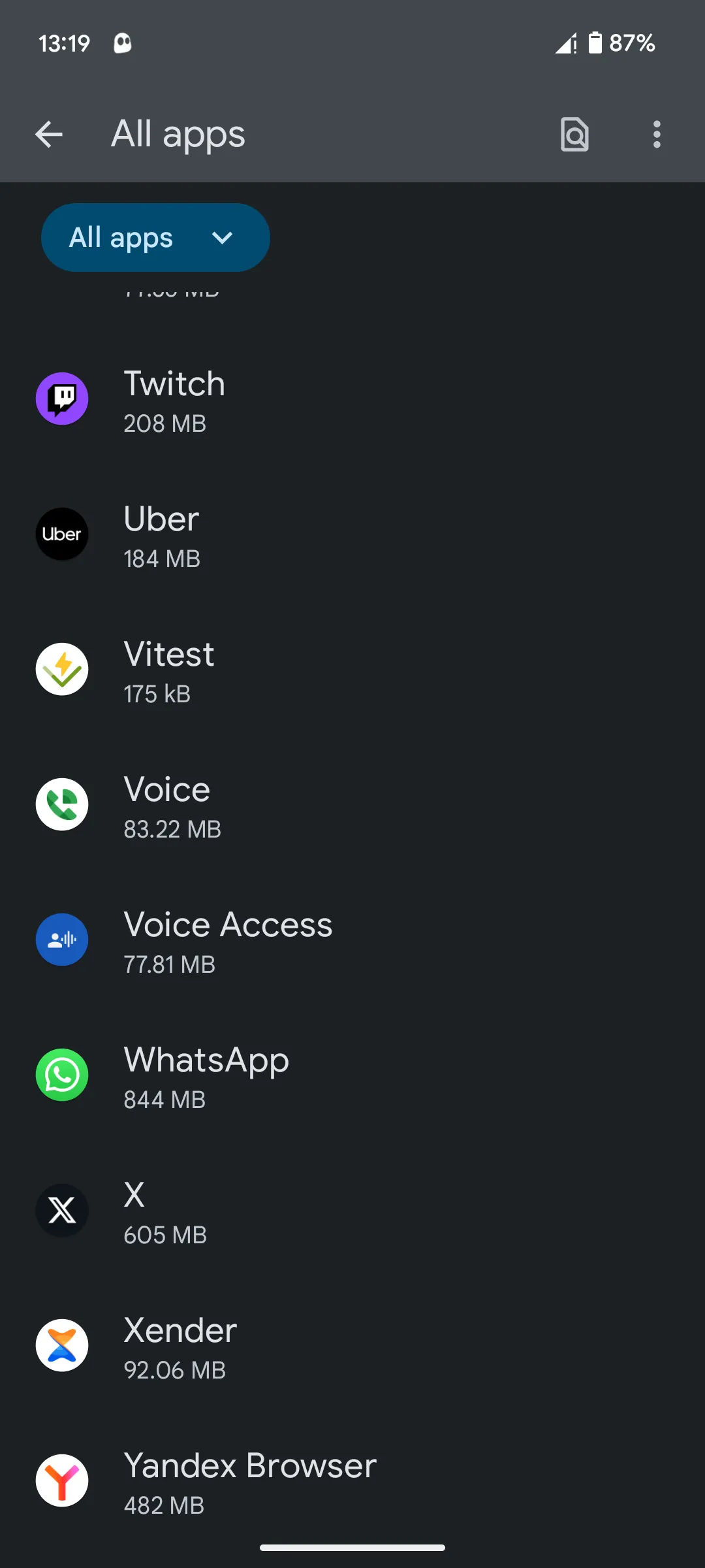 Danh sách tất cả ứng dụng đã cài đặt trên thiết bị Android.