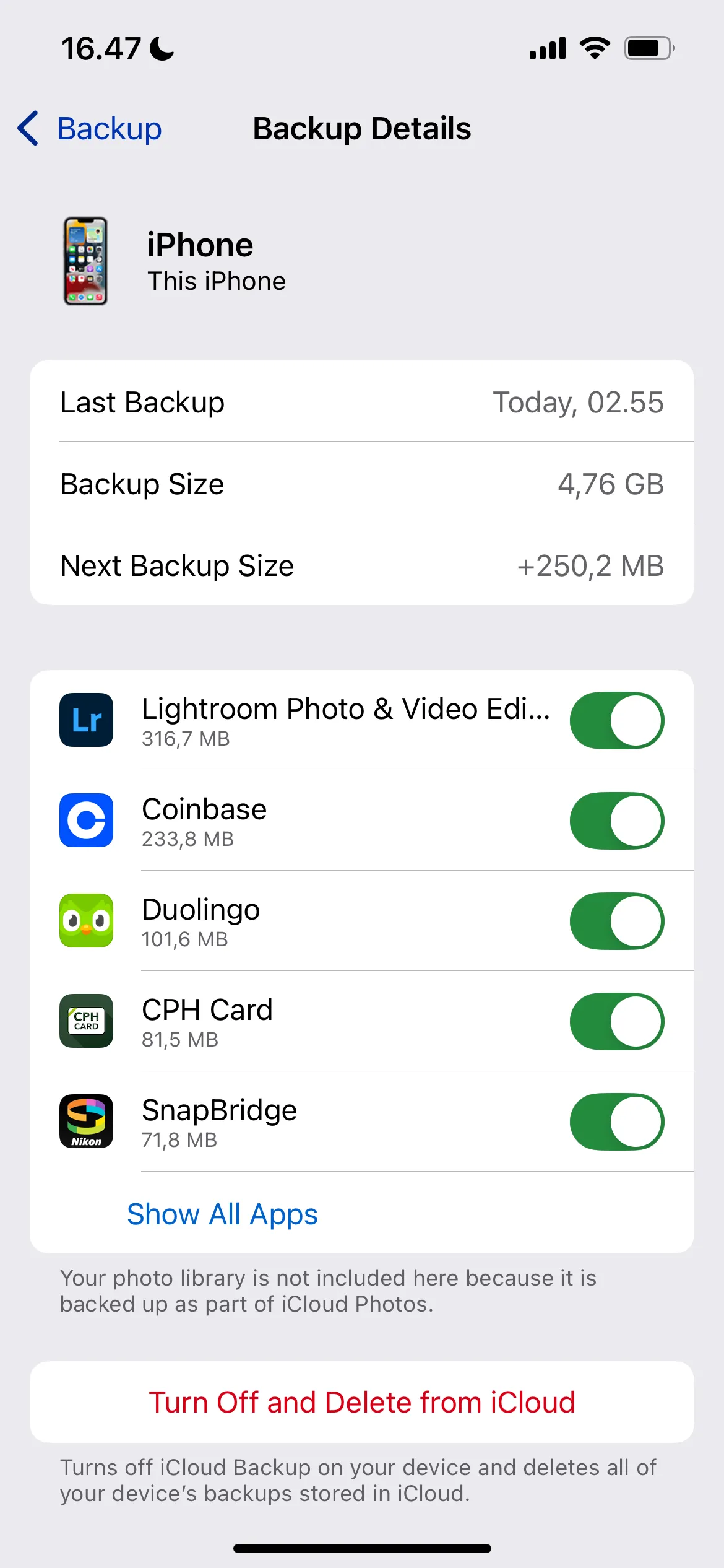 Danh sách ứng dụng được sao lưu vào iCloud trên iPhone, cho phép người dùng tùy chỉnh.