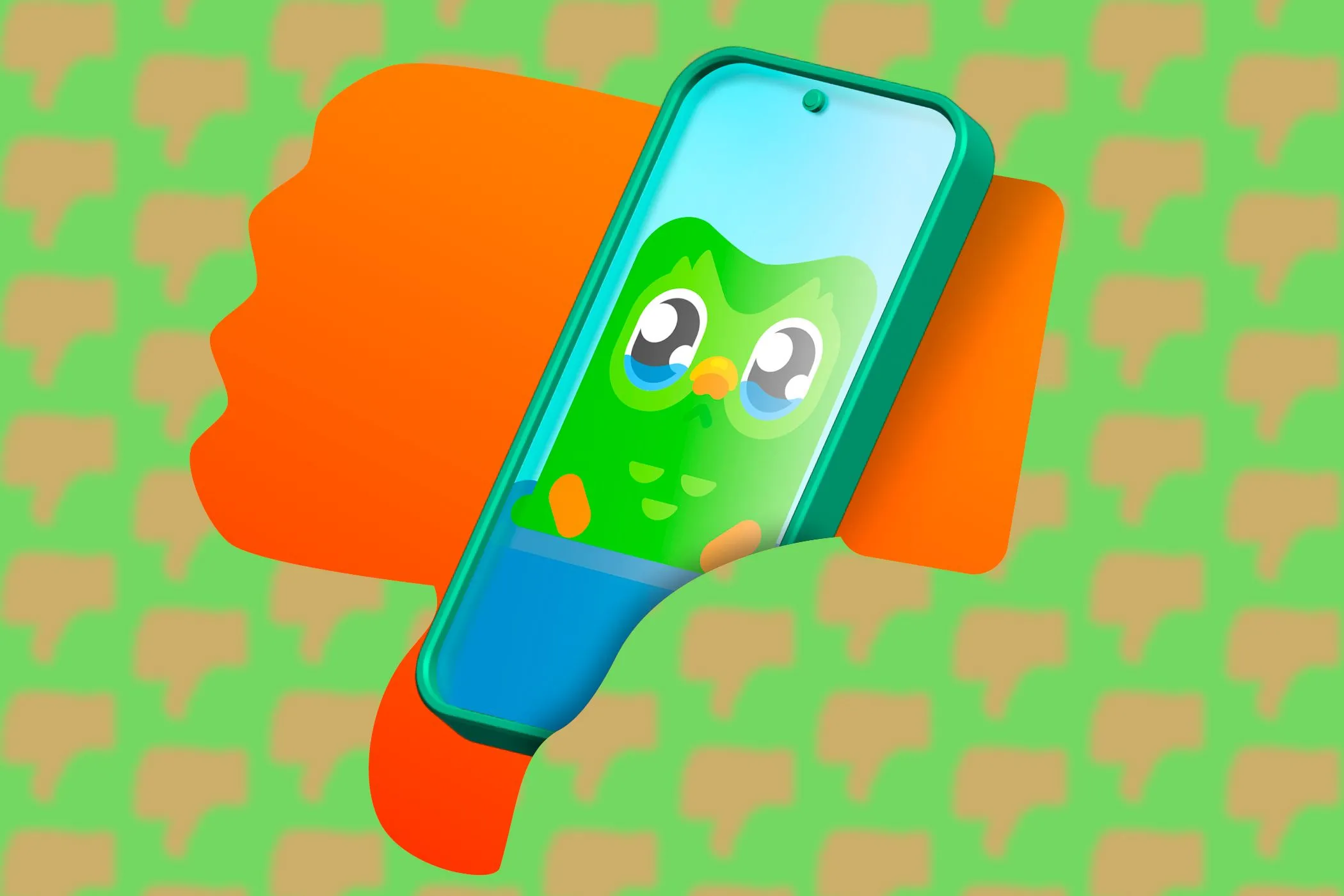 Điện thoại hiển thị logo Duolingo kèm biểu tượng ngón tay cái hướng xuống, ám chỉ vấn đề quyền riêng tư
