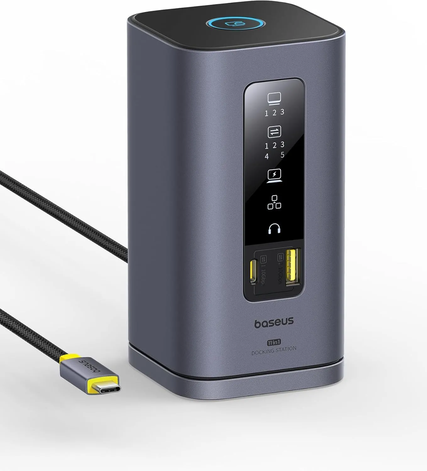 Docking Station Baseus Spacemate Series 11-in-1 màu xám bạc từ góc nhìn mặt trước và cạnh bên