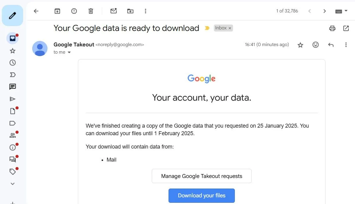 Email thông báo từ Google Takeout trong Gmail, chứa liên kết tải xuống dữ liệu