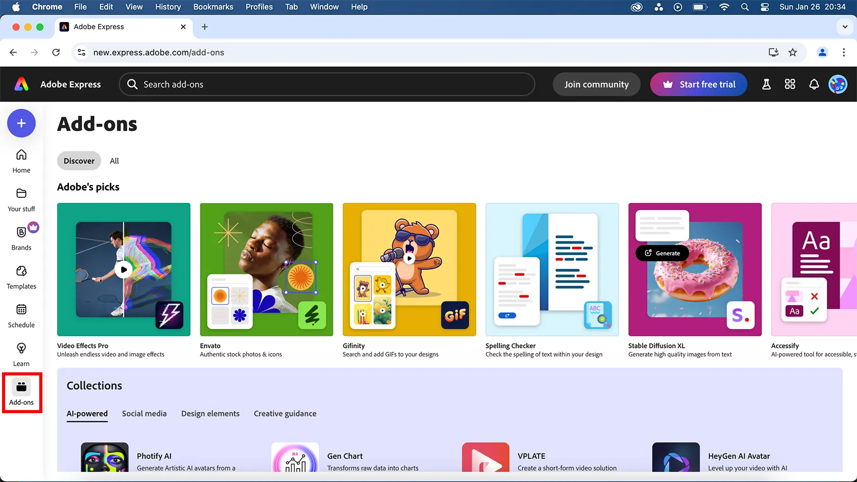 Giao diện Adobe Express phiên bản trình duyệt hiển thị rõ mục Add-Ons ở menu bên trái