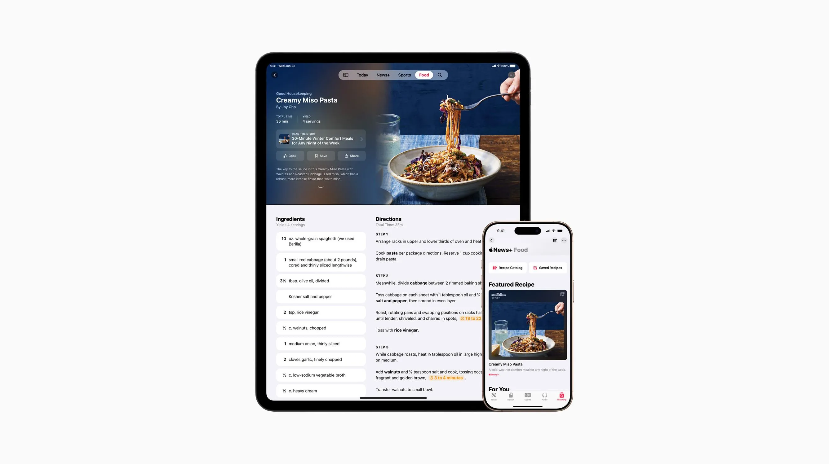 Giao diện Apple News+ Food trên các thiết bị Apple, hiển thị các công thức nấu ăn và bài viết ẩm thực