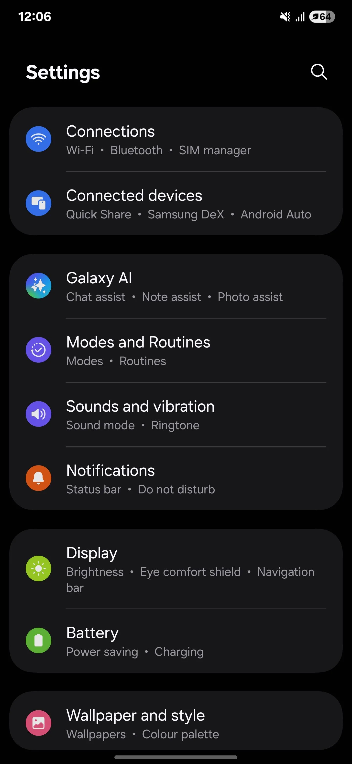 Giao diện cài đặt chính trên điện thoại Samsung Galaxy S25 Ultra