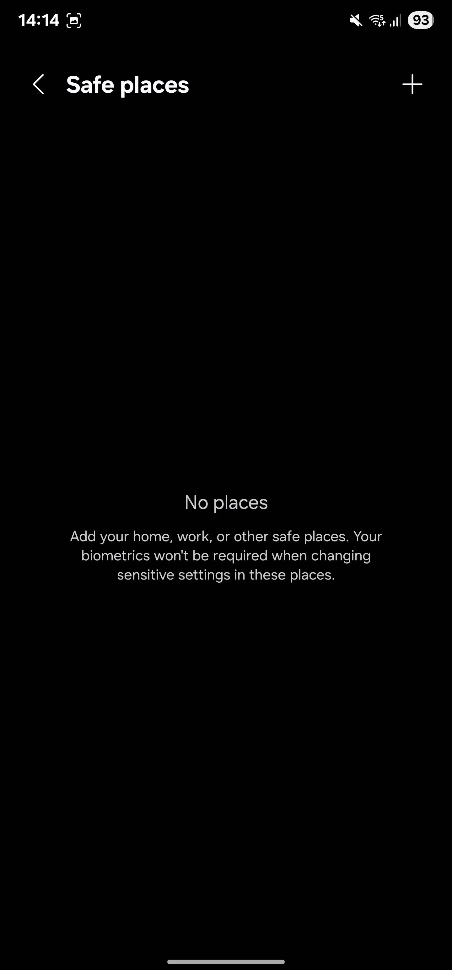 Giao diện cài đặt Địa điểm an toàn (Safe places) trong tính năng Xác thực danh tính của Samsung.