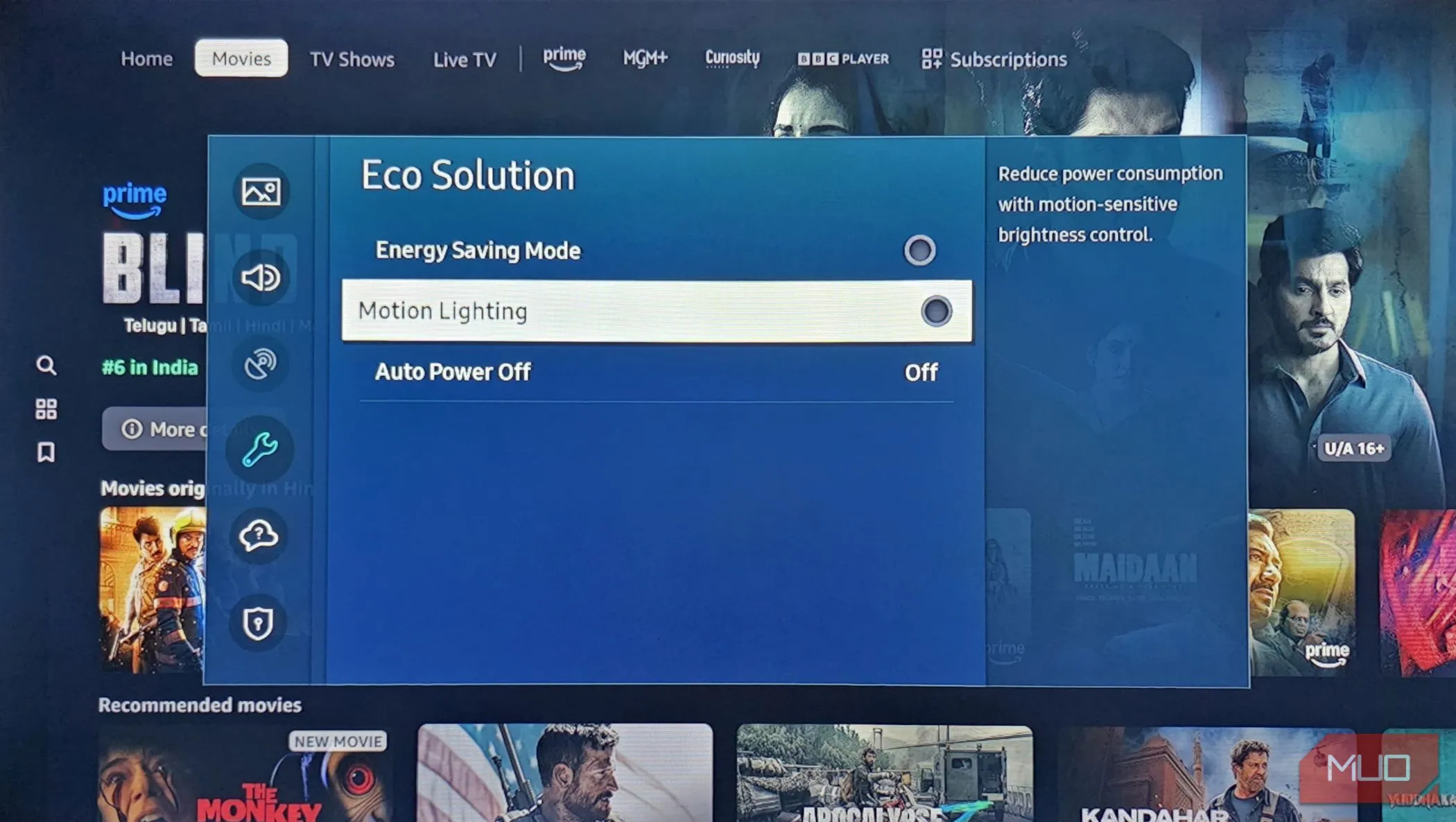 Giao diện cài đặt &quot;Eco Solution&quot; trên TV Samsung, hiển thị tùy chọn tắt chế độ tiết kiệm năng lượng để tối đa hóa hiệu suất HDR.