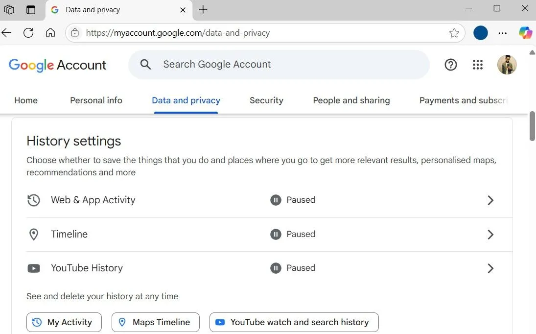 Giao diện cài đặt lịch sử tài khoản Google trong trình duyệt web, hiển thị tùy chọn dữ liệu và quyền riêng tư