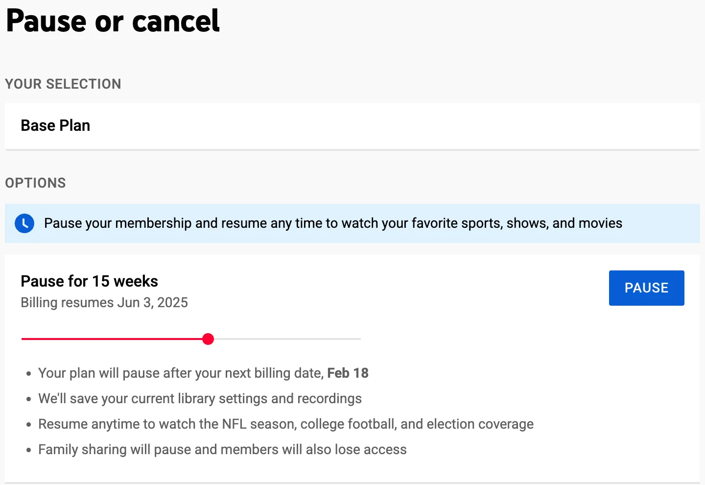 Giao diện cài đặt tạm dừng đăng ký YouTube TV với lựa chọn thời gian