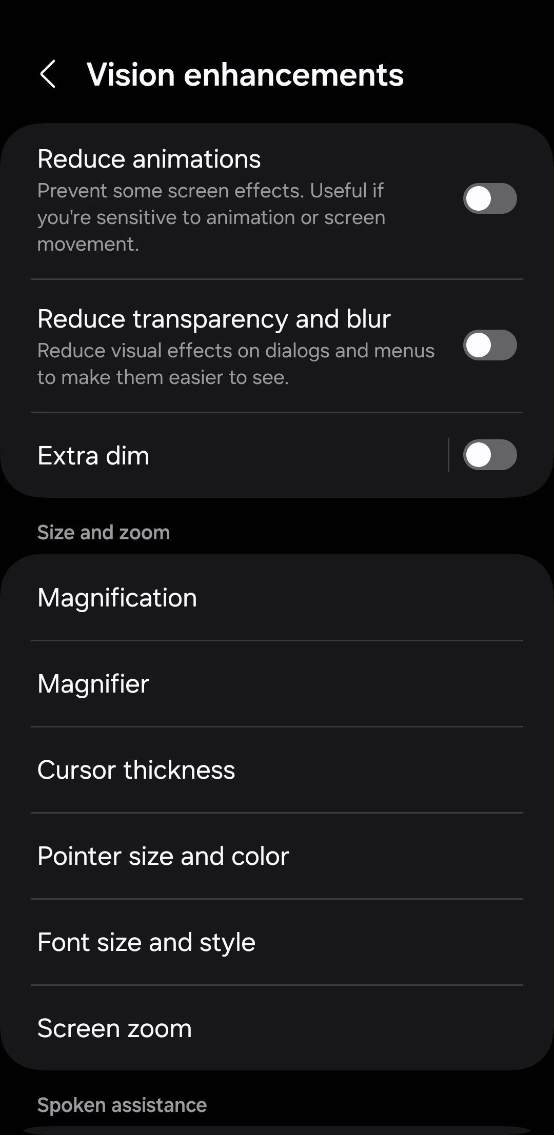 Giao diện cài đặt tăng cường thị giác (Vision enhancements) trên điện thoại Android, nơi có tùy chọn làm mờ màn hình (Extra dim).