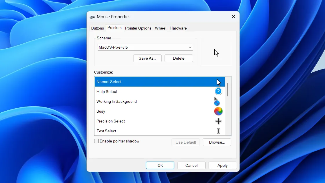 Giao diện cài đặt thuộc tính chuột (Mouse Properties) trên Windows 11, với các tùy chọn điều chỉnh con trỏ
