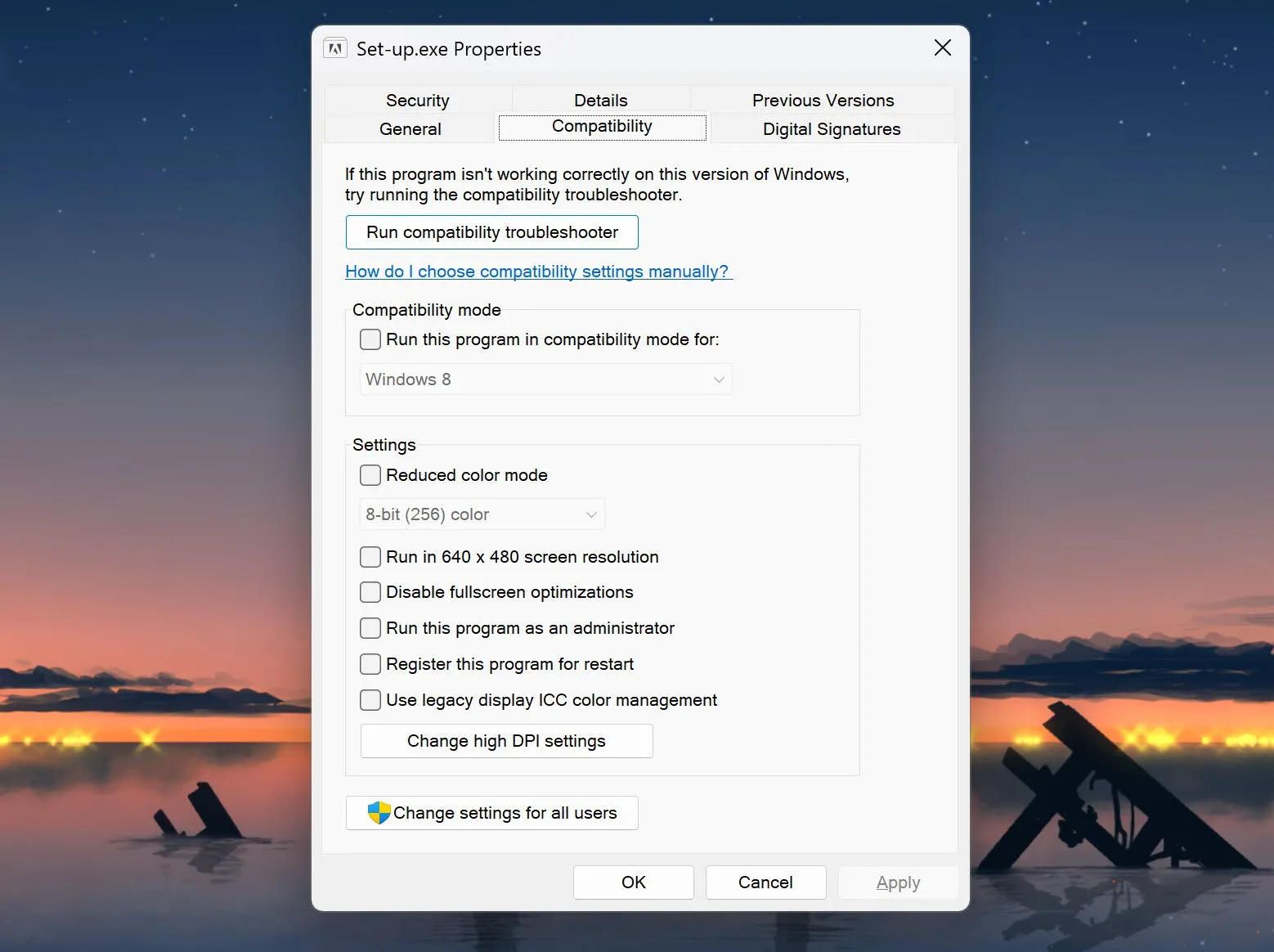 Giao diện cài đặt thuộc tính Tương thích của một chương trình trên Windows 11, hiển thị các tùy chọn cấu hình chế độ tương thích