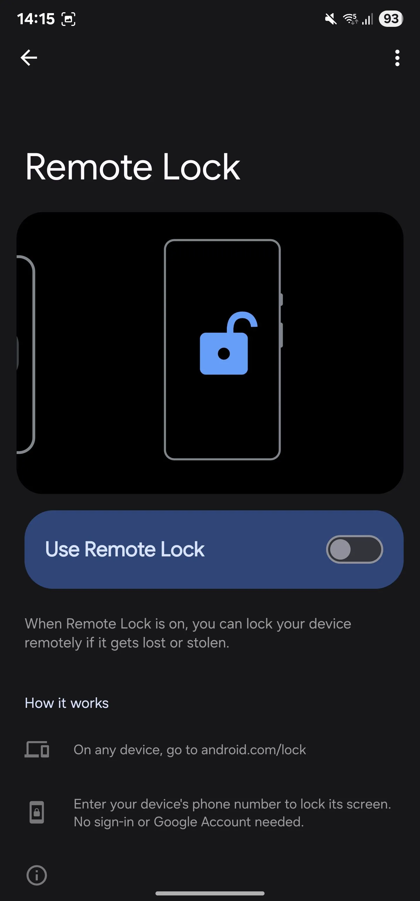 Giao diện cài đặt tính năng Khóa từ xa (Remote Lock) đã tắt trên điện thoại Samsung Galaxy.