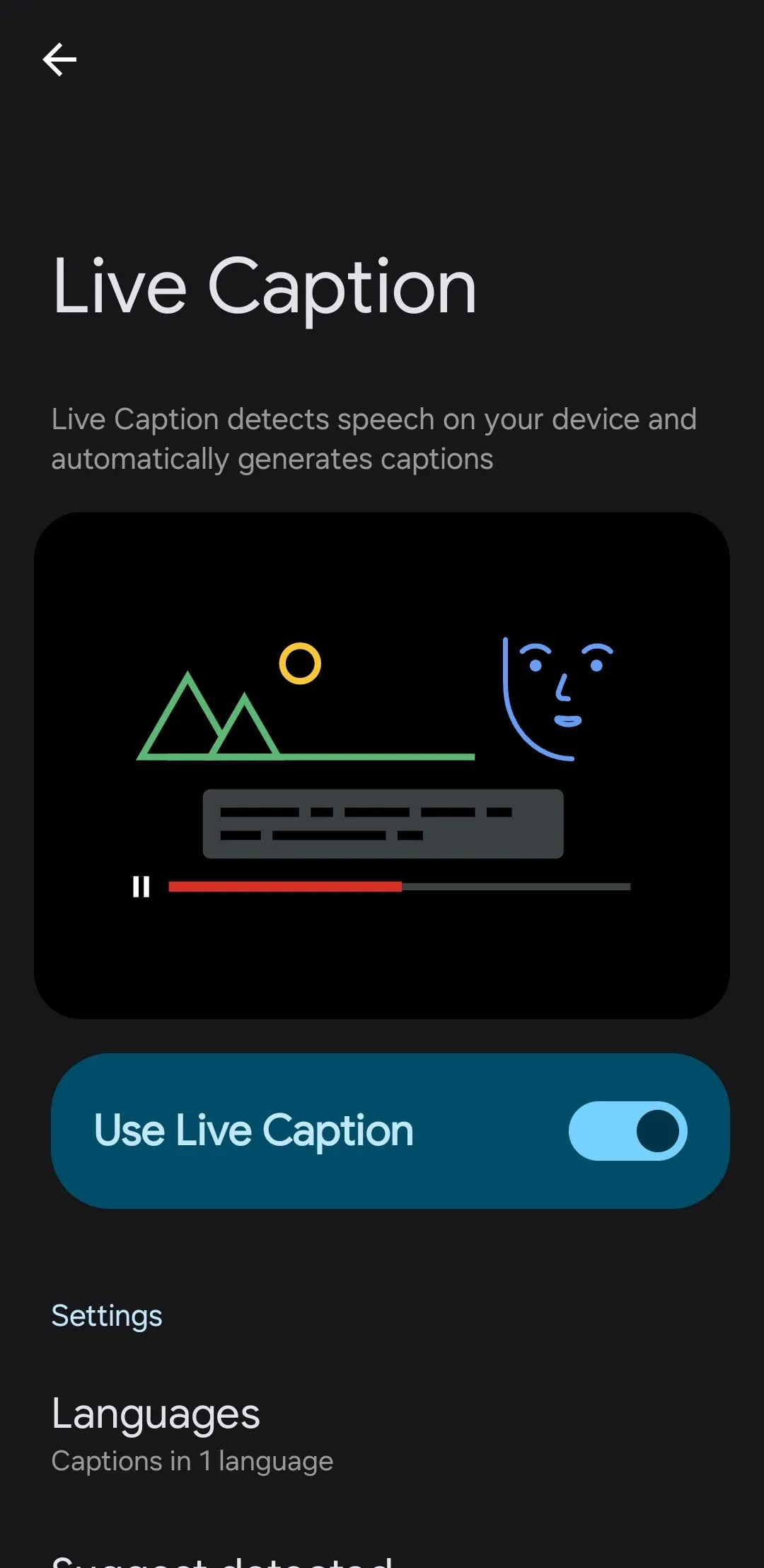 Giao diện cài đặt tính năng Phụ đề trực tiếp (Live Caption) trên điện thoại Android, cho phép bật hoặc tắt hiển thị phụ đề.