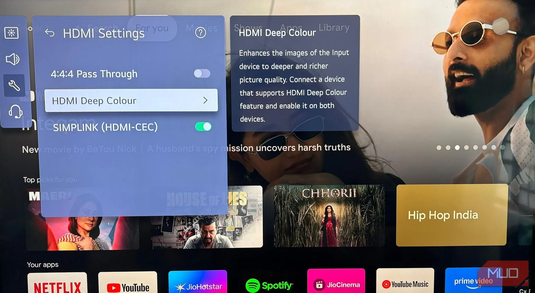 Giao diện cài đặt trên Smart TV LG, hiển thị tùy chọn &quot;HDMI Deep Color&quot; đang được bật để kích hoạt tối đa khả năng HDR.