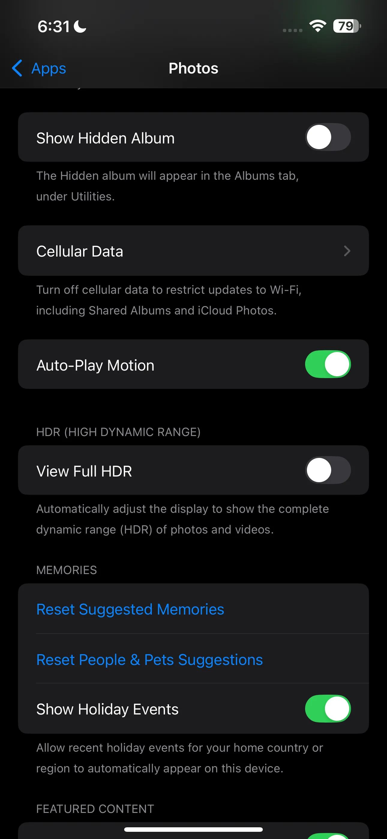 Giao diện cài đặt ứng dụng Ảnh trong phần Cài đặt của iPhone, hiển thị tùy chọn Album Đã Ẩn.