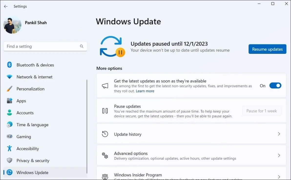 Giao diện cài đặt Windows Update trong Windows 11