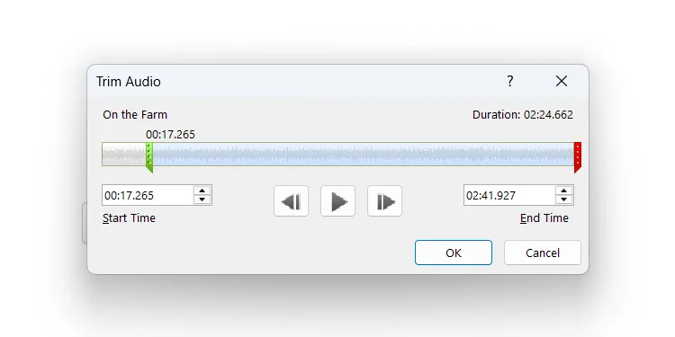 Giao diện cắt âm thanh trực tiếp trong PowerPoint.