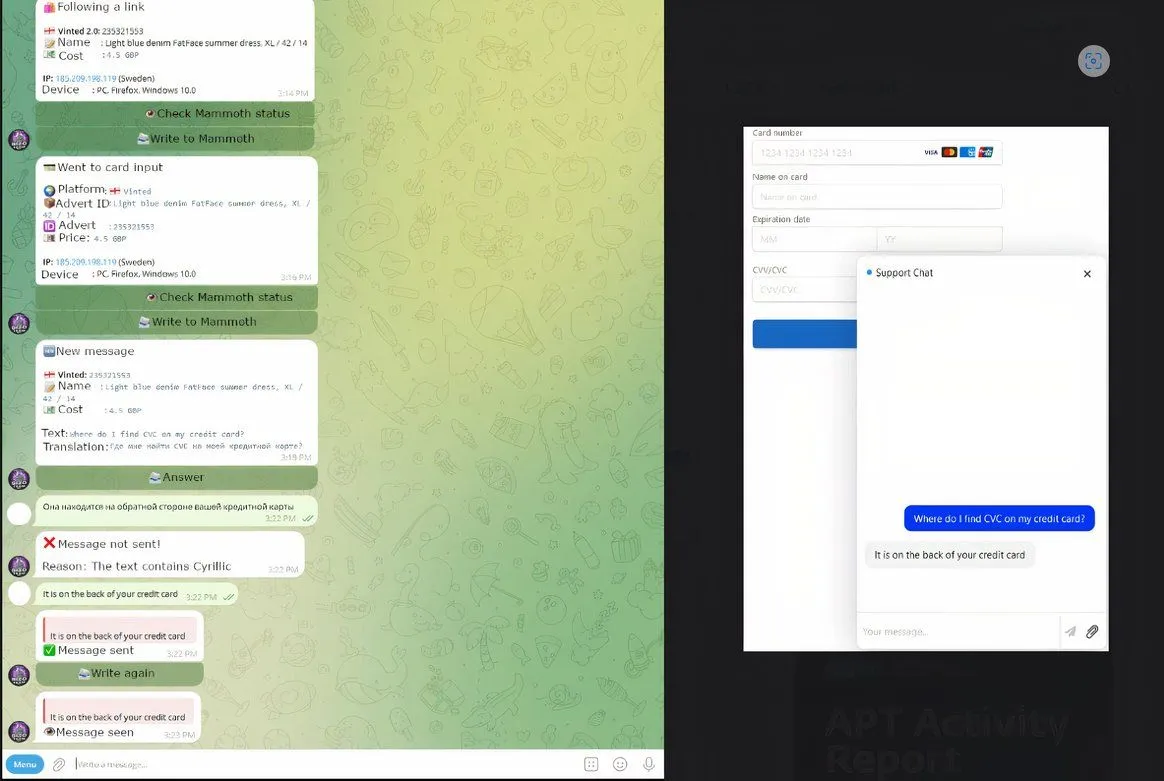 Giao diện chatbot lừa đảo của Telekopye hiển thị tin nhắn đã dịch cho nạn nhân và cửa sổ tin nhắn gốc của kẻ tấn công