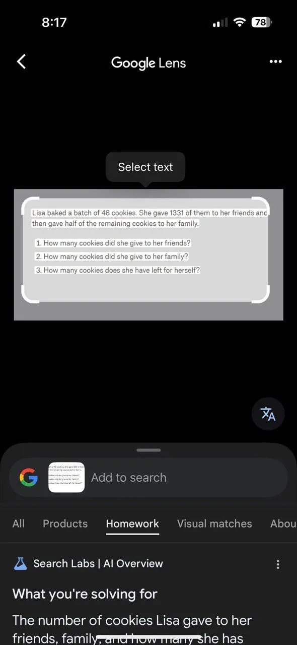 Giao diện chế độ 'Bài tập về nhà' trong ứng dụng Google, minh họa cách sử dụng Google Lens để chụp ảnh bài toán và nhận lời giải chi tiết.