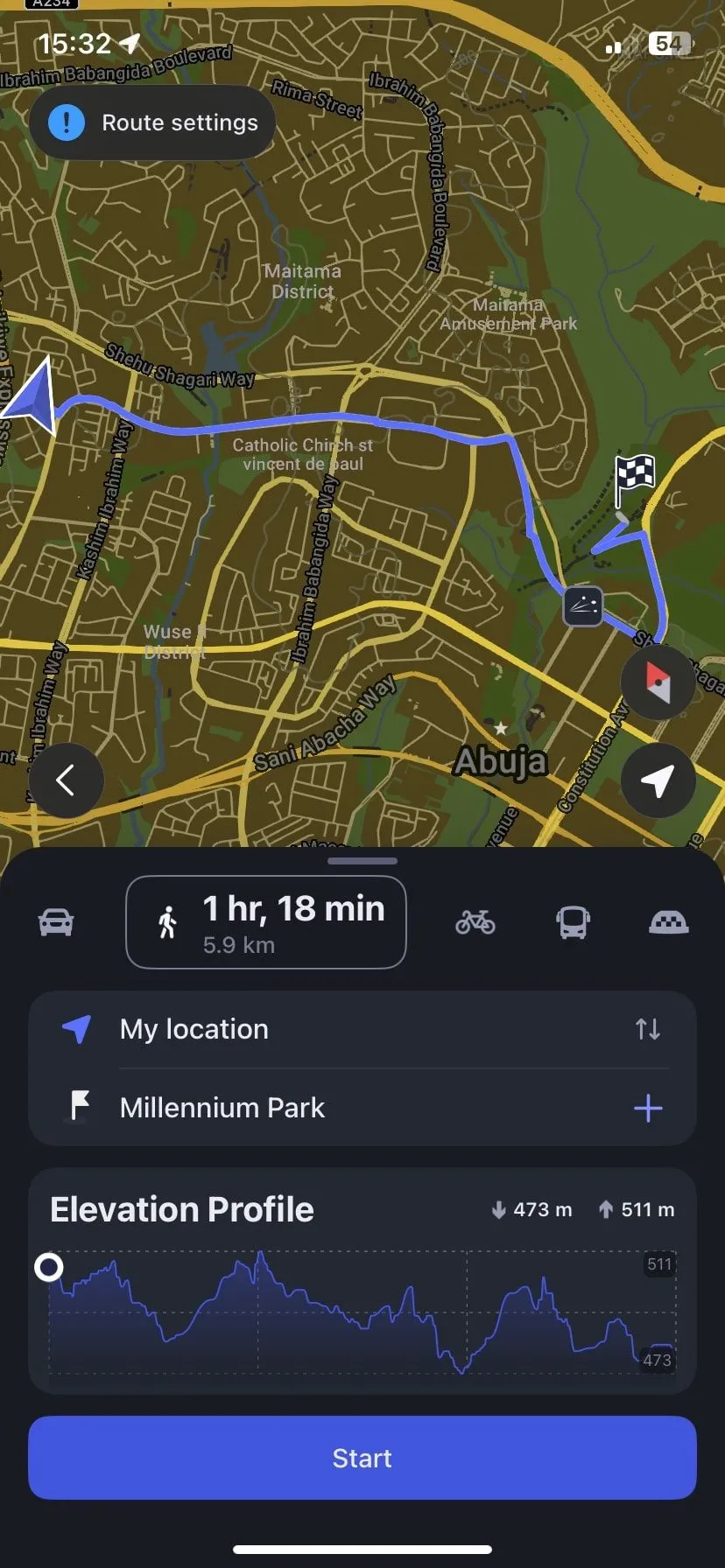Giao diện chỉ đường đi bộ của ứng dụng MAPS.ME trong chế độ ngoại tuyến
