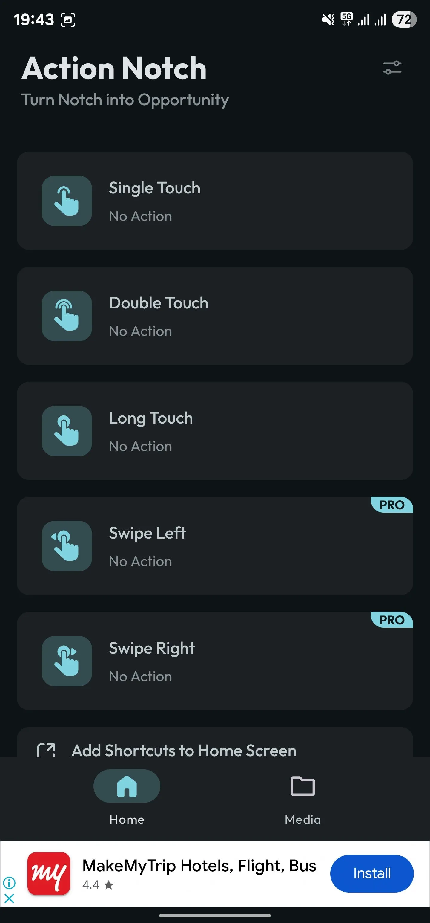 Giao diện chính của Action Notch hiển thị danh sách các cử chỉ có thể cấu hình như Single Touch, Double Touch để biến notch thành nút bấm.
