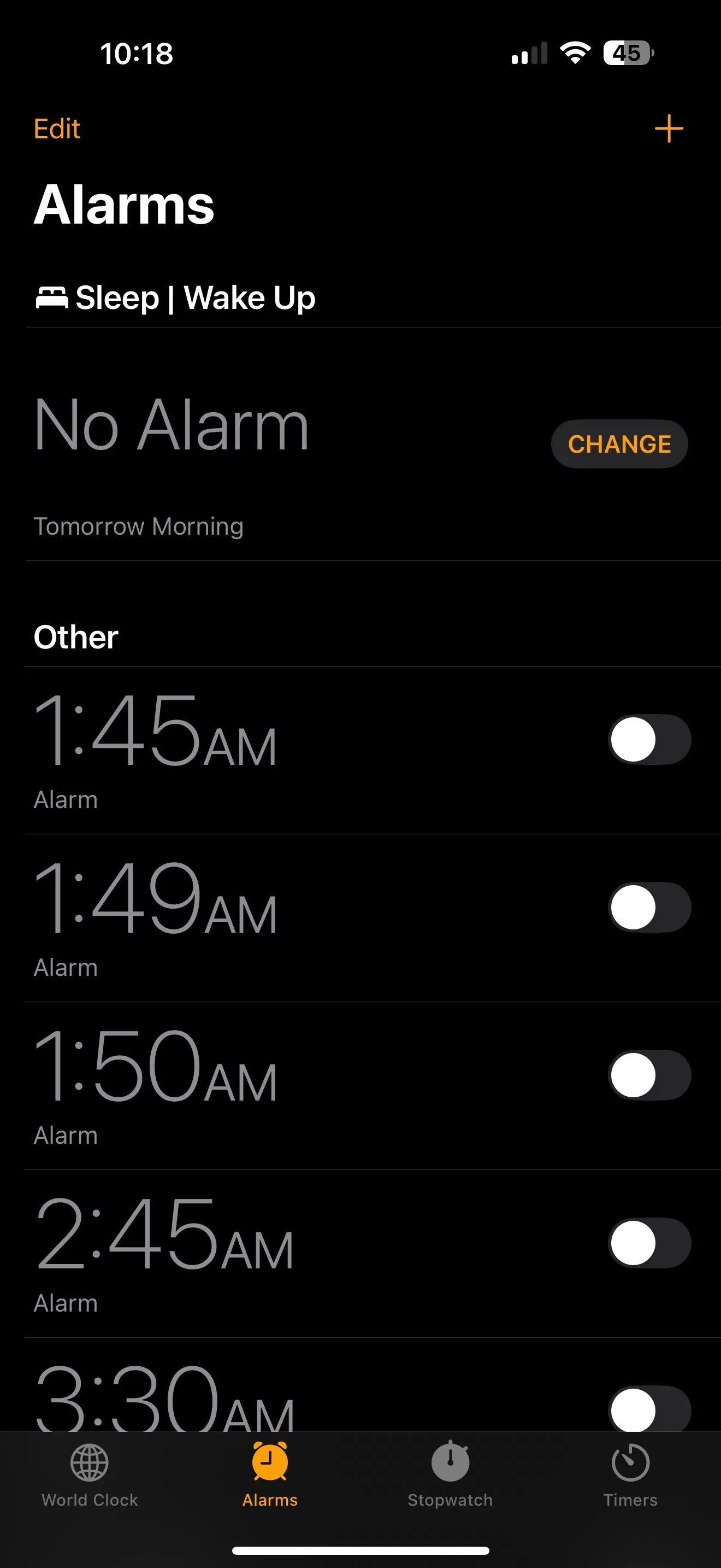 Giao diện chính của ứng dụng Đồng hồ trên iPhone