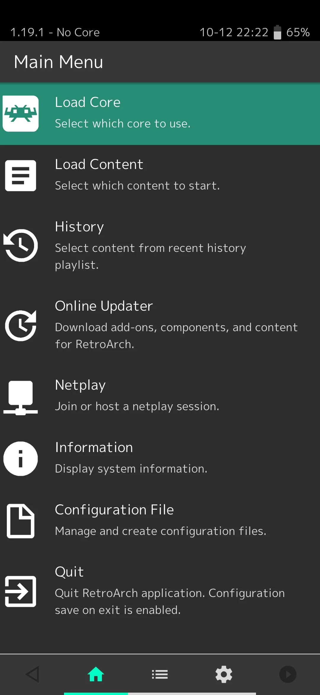Giao diện chính của ứng dụng giả lập RetroArch trên điện thoại Android.