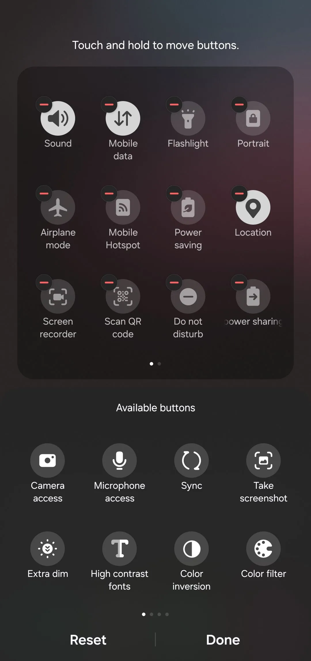 Giao diện chỉnh sửa bảng cài đặt nhanh (Quick Settings) trên Android, cho phép người dùng thêm, xóa hoặc sắp xếp lại các nút tắt để truy cập nhanh các tính năng thường dùng.