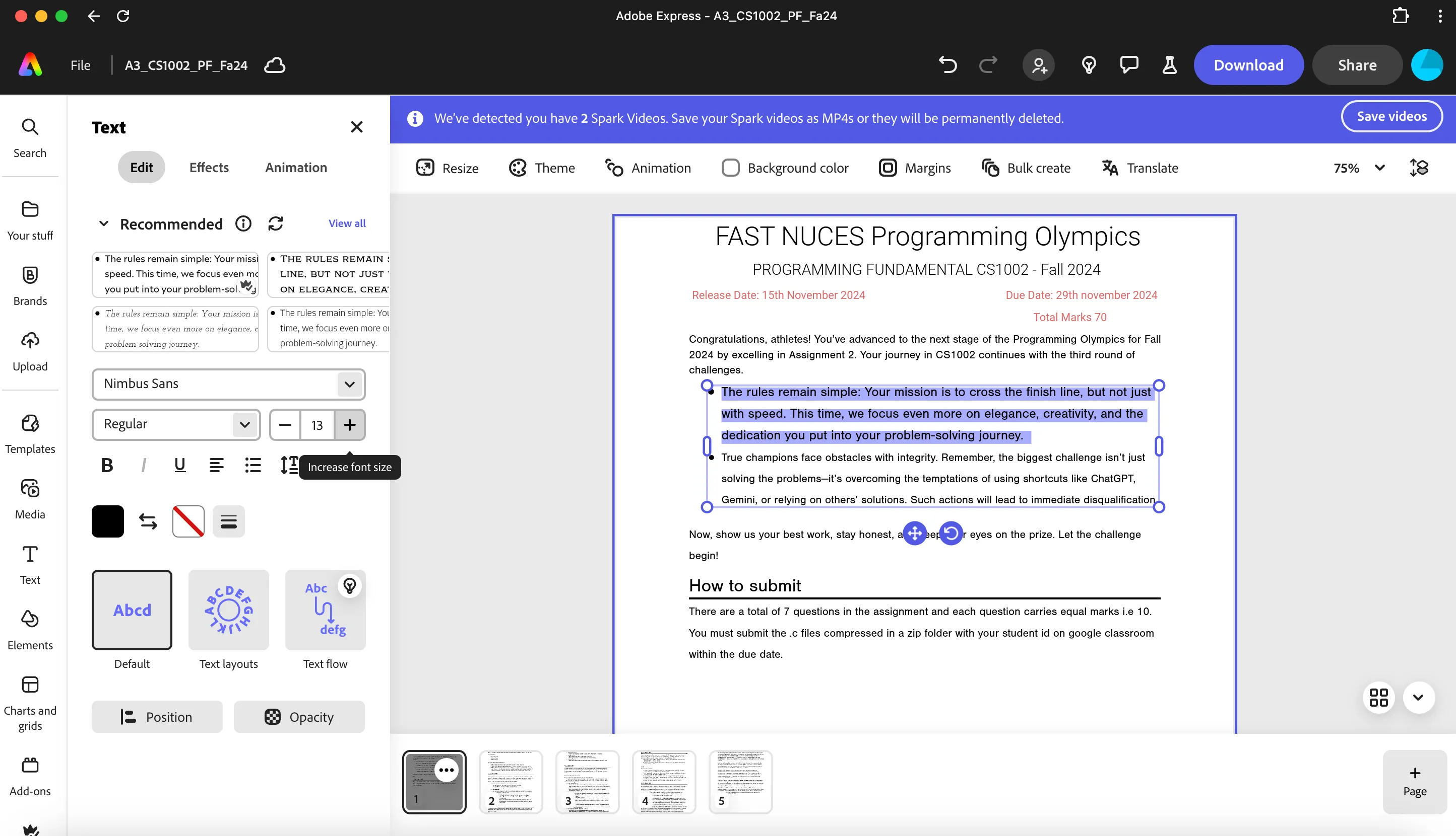 Giao diện chỉnh sửa tệp PDF trực tiếp trong Adobe Express, cho phép điều chỉnh văn bản và hình ảnh