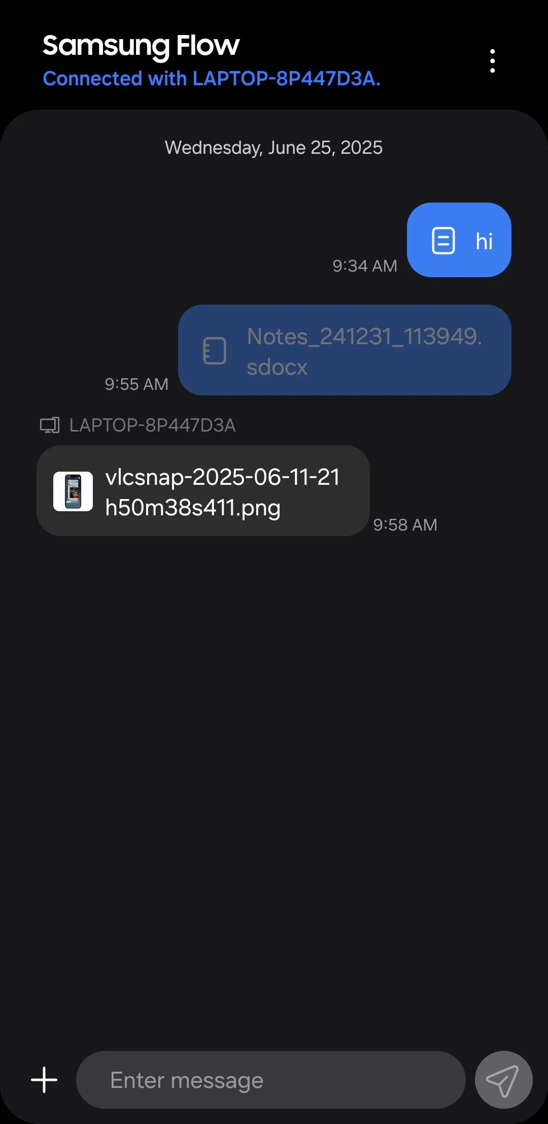 Giao diện chính ứng dụng Samsung Flow trên điện thoại Galaxy, với biểu tượng dấu cộng để gửi file.