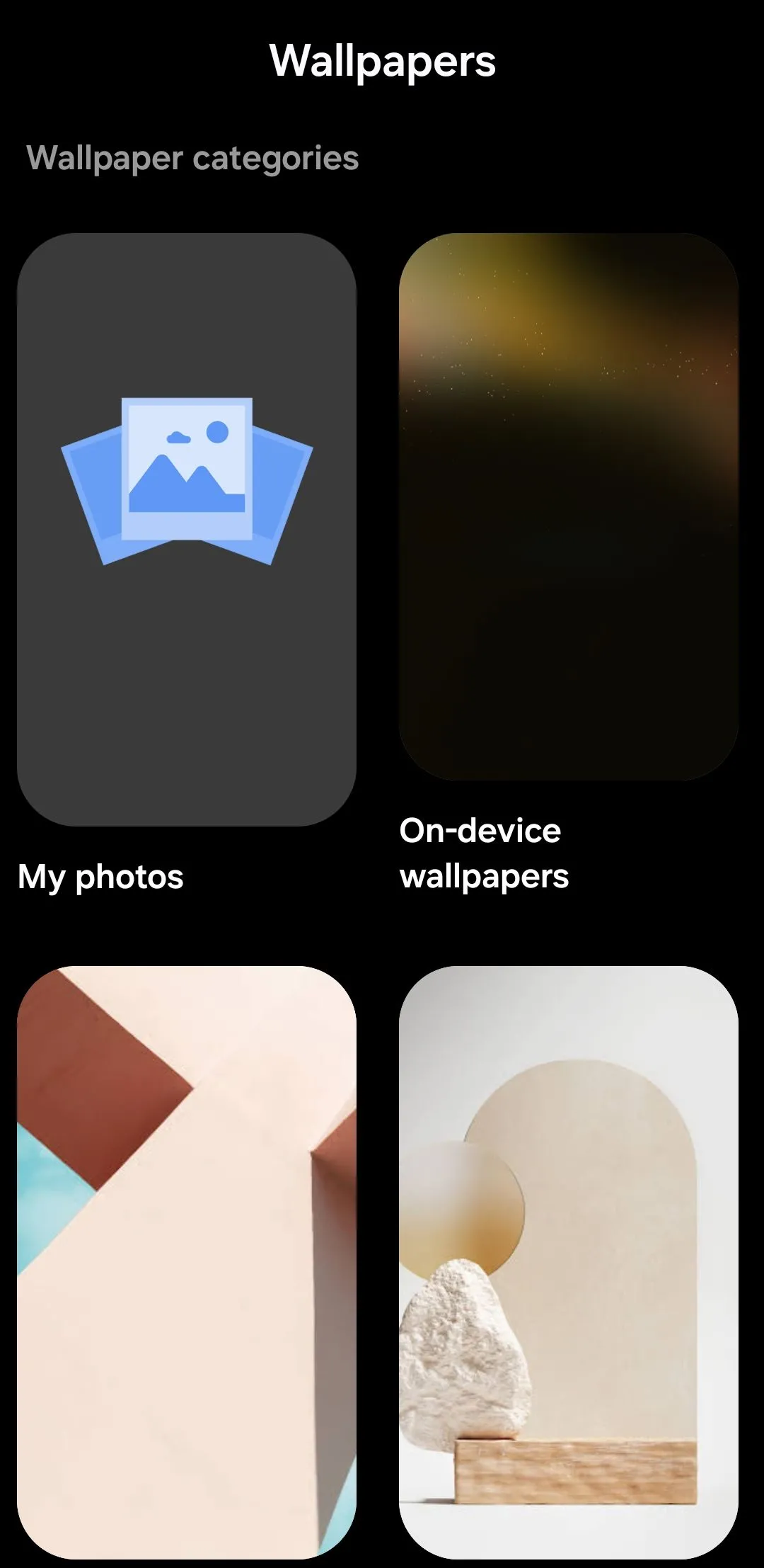 Giao diện chọn hình nền trong ứng dụng Google Wallpapers trên điện thoại Android