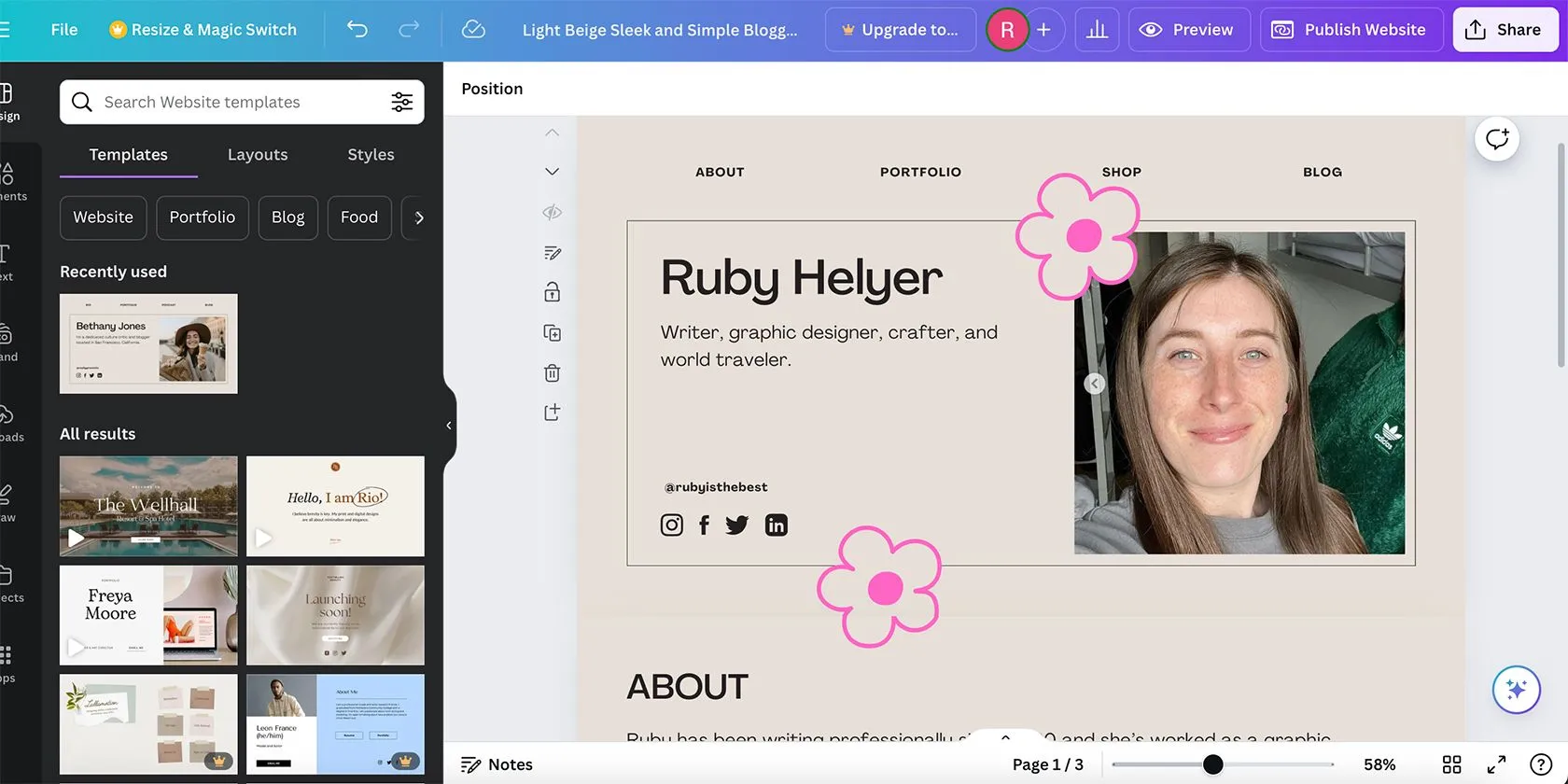 Giao diện công cụ Canva Website Builder, minh họa các tùy chọn thiết kế và xây dựng trang web.
